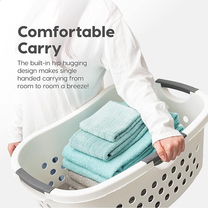 IRIS USA 50L Plastic Hip Hold Laundry Basket with Built-In Comfort Carry Handles, 3 - Pack, 1.5 Bushel, Clothes Hamper, Laundry Hamper, Ventilation Holes, for Closet Dorm Laundry Room Bedroom, White