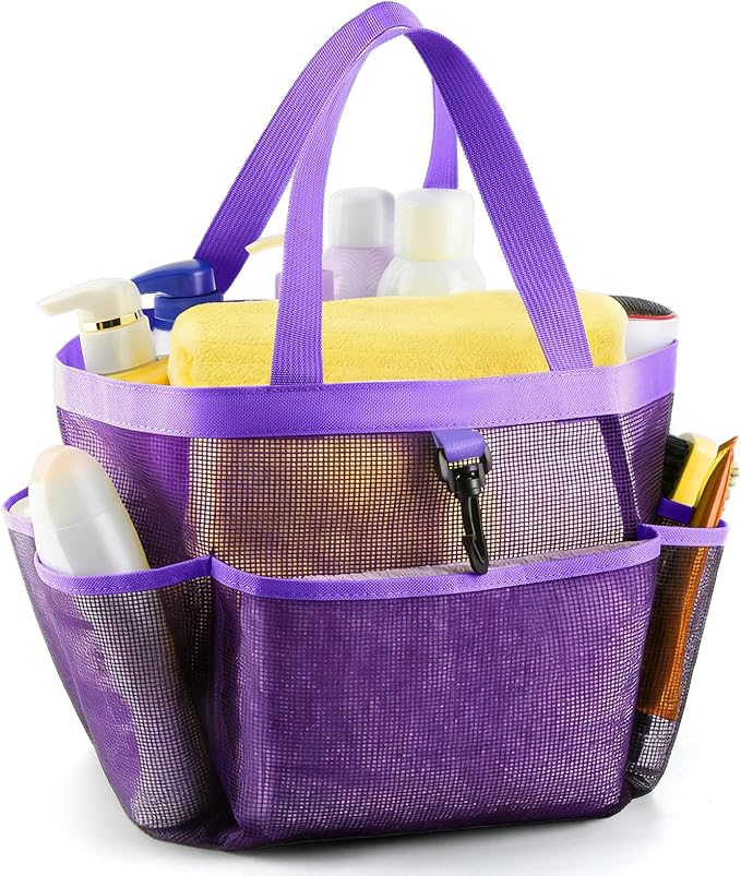 Mesh Shower Caddy Portable for College Dorm Room Essentials with 8 Pockets, Shower Bag for Beach, Swimming, Gym, Travel, Bathroom(All purple)