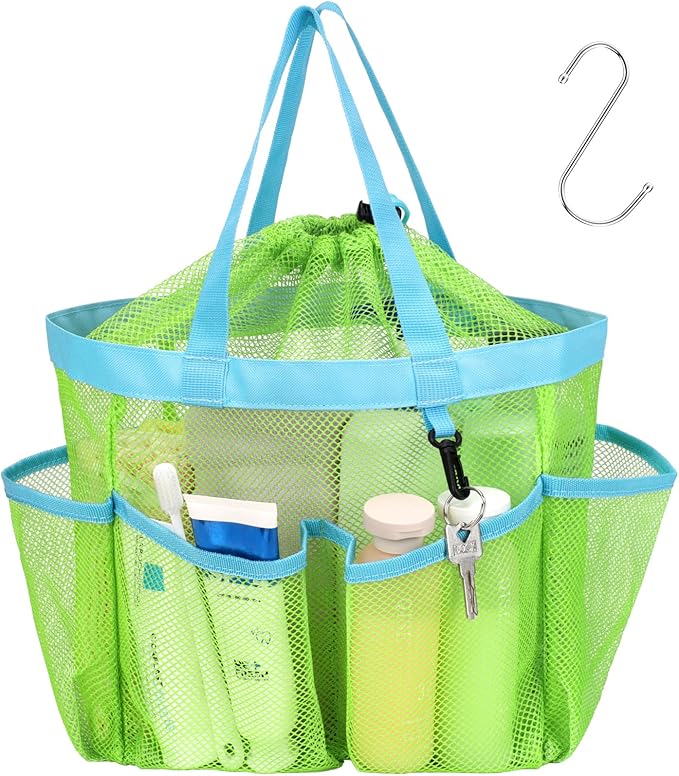 F-color Mesh Shower Caddy Portable with Drawstring - Large 8 Pockets Dorm Room Essentials for Guys Girls with S Hook, Shower Bag Basket Tote for College Camping Gym Travel Toiletry Bathroom, Green