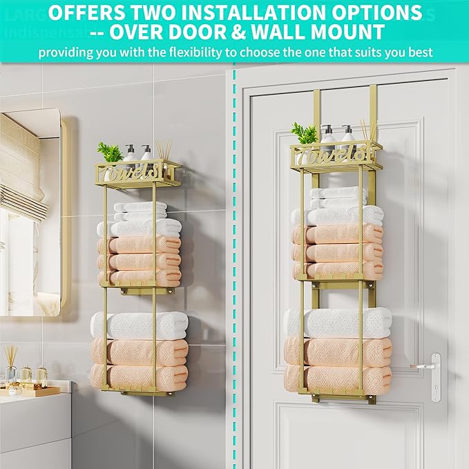 HapiRm Towel Rack Bathroom Storage - 3 Tier Over The Door & Wall Mounted Rolled Towel Racks Holder Organizer with Metal Shelf and 6 Hooks for Small Bathroom, Camper, Rv - Gold