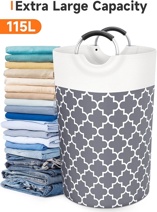 Large Laundry Basket Laundry Hamper Bag Washing Bin Clothes Bag Collapsible Tall with Handles Waterproof Travel Bathroom College Essentials Storage for College Dorm, Family (Grey) 115L