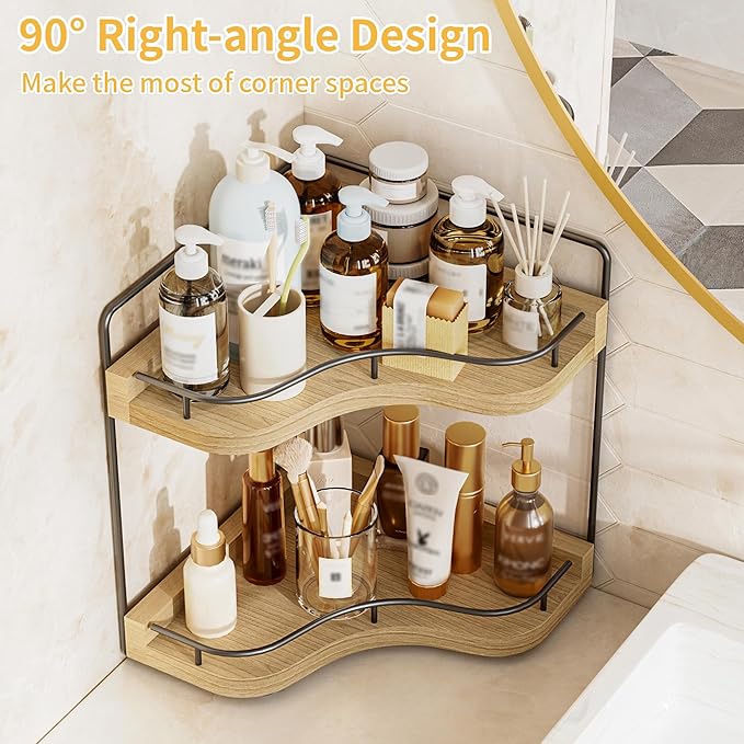 2-Tier Corner Bathroom Counter Organizer with Embedded Screw Holes, Secure & Stable Wood Vanity Shelf for Makeup and Skincare Essentials - Space Saving Bathroom Countertop Storage
