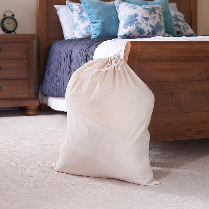 Household Essentials Cotton Laundry Bag, Large, 100% Cotton, Drawstring Top with Cord Lock, Machine Washable, 3 to 4 Load Capacity, Versatile and Compact, Breathable, Foldable, Natural