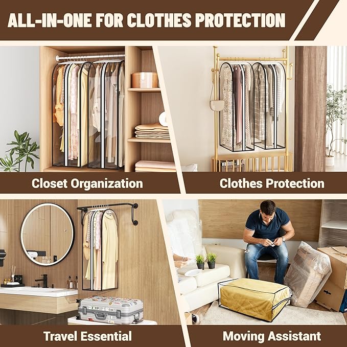 Garment Bags for Hanging Clothes 40” Long,Ultra Clear Suit Bags for Closet Storage, Moving Organization, Travel Covers with 10" Gussets for Coat, Dress, Shirt and Sweater - 4 PCS