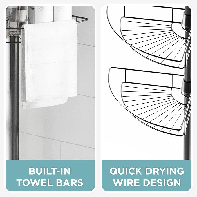 Zenna Home Tension Pole Shower Caddy Corner Organizer, Adjustable Standing Shower Caddy with 4 Baskets, Rust Resistant Bathroom Tension Rod Organizer, 60 to 97 Inch, Matte Black