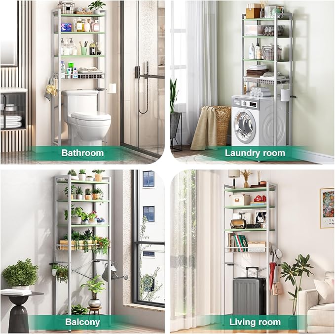 Over-The-Toilet Storage Rack, 4-Tier Bathroom Organizer Shelf Over Toilet with Adjustable Shelf and Basket, Freestanding Space Saver Bathroom Shelves Above Toilet for Room (Avocado Green)