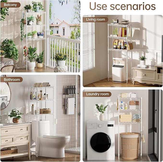 Over The Toilet Shelf,3-Tier Adjustable Freestanding Metal Bathroom Organizer Shelves with Toilet Paper Holder & Hooks,Space-Saving for Narrow Small Bathroom,10”D x 24”W x 66”H,White