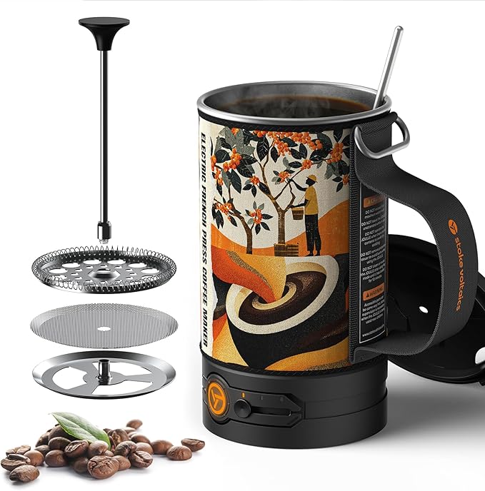 Portable Camping Coffee Maker, Electric French Press, Travel Kettle, 120V
