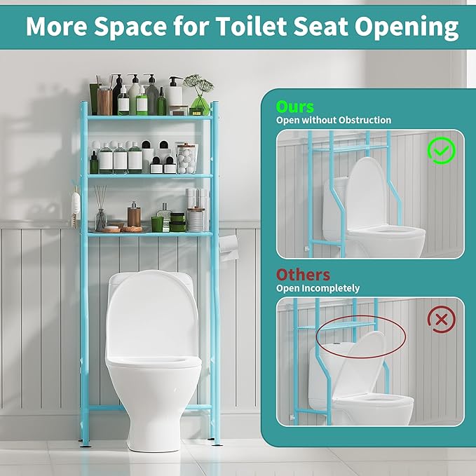 3-Tier Over The Toilet Storage with Paper Holder, Metal Bathroom Organizers and Storage for Small Space, Freestanding Bathroom Shelves with 4 Hooks, Above The Toilet Storage Shelf (Blue)