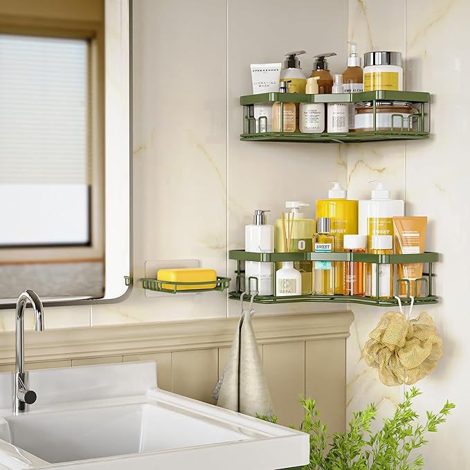 MAXIFFE 3 Pack X-Large Corner Shower Caddy with Soap Holder, Large Capacity Easy Install No Drilling Stainless Steel Hold 40 LB Shower Organizer Shelves Rack for Family Renters Bathroom, Forest Green