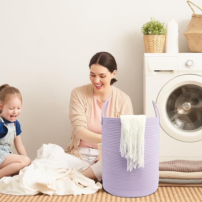 Woven Cotton Rope Laundry basket-15”X20” Laundry Hamper-Rope Storage Basket for Dirty Clothes, Toys and Blankets Perfect for Bathroom, Baby nursery and Living Room Storage (purple)