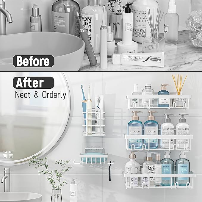 10 Pack Shower Caddy Organizer Rack Shelf for Inside Shower, Self Adhesive Wall Storage Basket Rustproof Stainless Steel Shampoo Holder Bathroom Accessory Decor Set, White