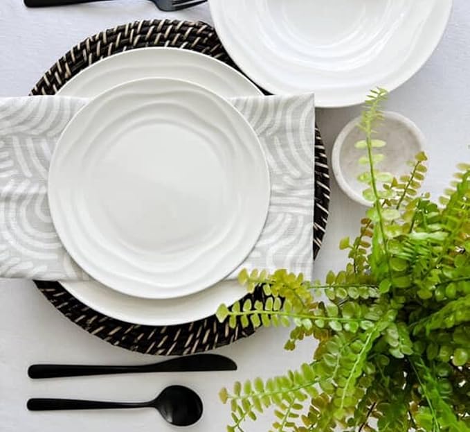Pots & Patterns Organic Wave Dinnerware Set, 12-Piece Nature-Inspired Porcelain Dinner Plates & Bowls Set for 4, Wide Rimmed Pasta Bowls, Modern White Dishes for Hosting, Dishwasher & Microwave Safe