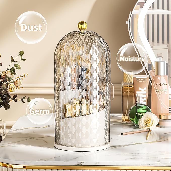 Makeup Brush Holder Organizer with Lid, 360 Rotating Make up Brush Holder with Cover, Dustproof Makup Brush Storage for Vanity Bathroom Countertop, Covered Toothbrush Holder, Clear