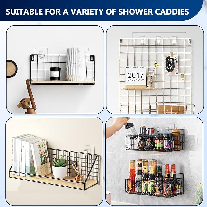 14 Pack Shower Caddy Adhesive Replacement, Strong Adhesive Hooks, Waterproof Shower Adhesive Strips, No Drilling, for Bathroom Storage Shelves and Kitchen Racks