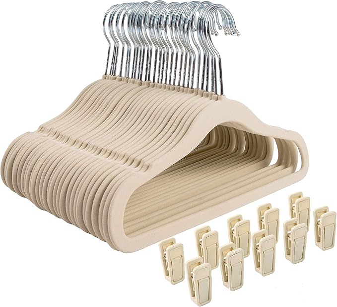 Finnhomy Non-Slip Clothes Hanger for Baby and Kids 30-Pack Velvet Hangers with 10 Finger Clips,Beige