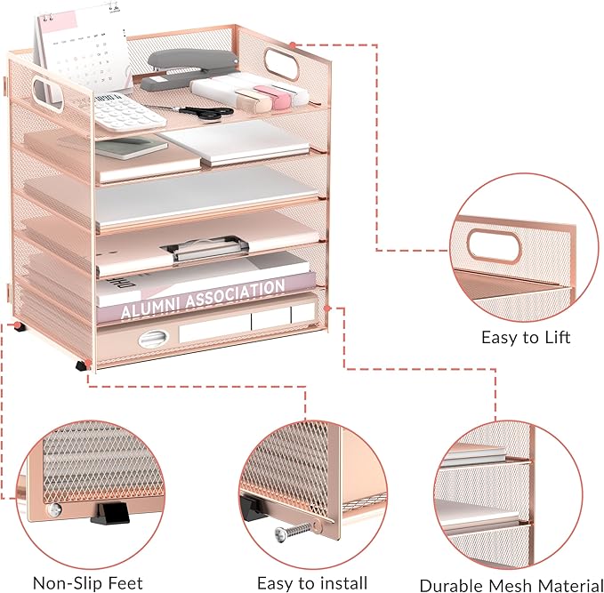 Daltack 6 Tier Paper Organizer for Desk, Paper Letter Tray Organizer for Desks, Mesh Desk File Organizers with Handle for Office, Home, School, Rose Gold