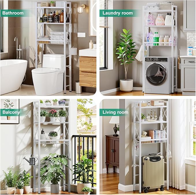 Over The Toilet Storage with X Shape Side Guardrail, 3-Tier Over Toilet Storage Rack with Drain Basket, Freestanding Bathroom Organizer for Balcony Laundry, Pure White