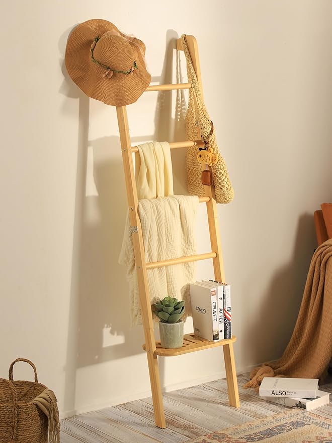 Taozun Minimalist Wood Blanket ladder - Boho Style Wall-leaning Display Towel Rack for Throw Quilt, Standing Ladder Shelf, Blanket Storage for Living Room, Bathroom