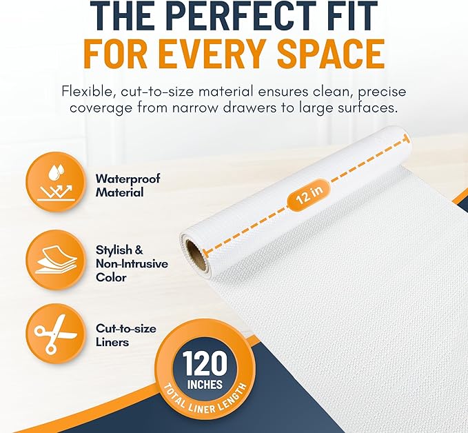 Shelf Liner Cabinet Liner for Shelves Non-Adhesive Kitchen Drawer Liner by Linda’s Essentials (12 x 120 Inches) - Non-Slip Easy Clean Shelf Liners for Cabinets and Cupboard Protector, Waterproof Mat