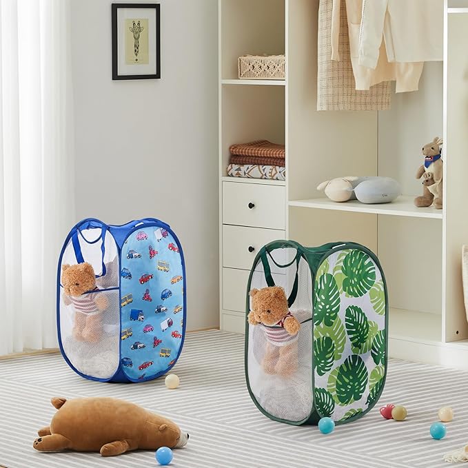 TECHMILLY Collapsible Mesh Pop Up Laundry Hamper with Sturdy Handles and Side Pocket - Portable Foldable Clothes Baskets for Dorm, Bathroom & Travel Storage (Green Leaf, 3 Packs)