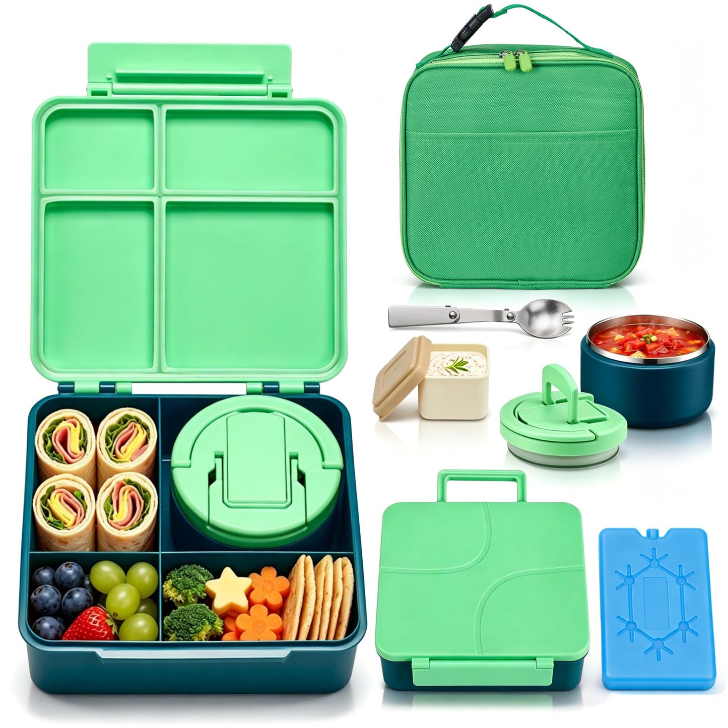 Bento Lunch Box with 8oz Soup Thermo,Kids Leakproof 4 Compartment Lunch Food Containers with Sauce Cup and Ice Pack,Kids Thermo Insulated Hot Food Jar and Lunch Bag for School,Trvael-Green