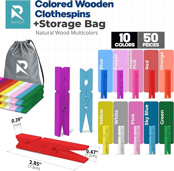 RIVEDA 50pcs Colored Wooden Clothes Pins, 2.9inch 10 Colors, Clothespins for Classroom, Clip Hanging Photos, DIY Clips for Crafts, Decorations