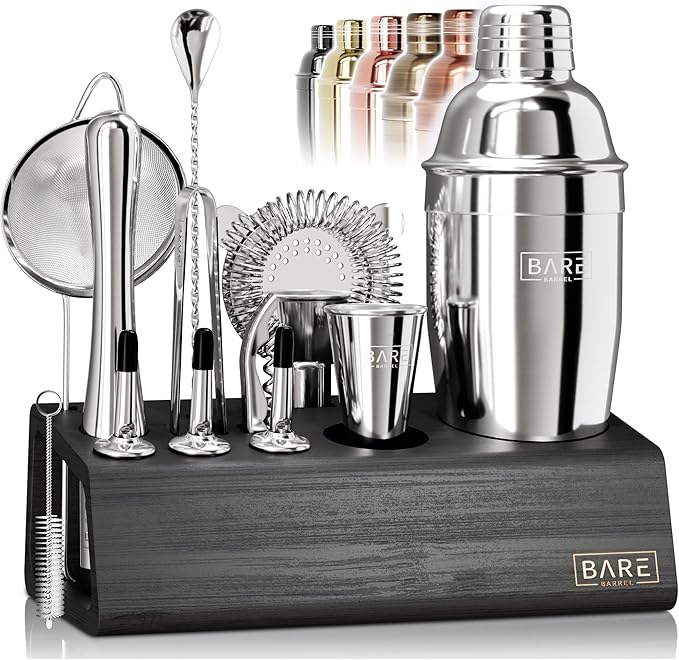 BARE BARREL® Mixology Bartender Kit Bar Set | 14-Piece Cocktail Shaker Set | Martini Barware Mixing Tools for Home Bartending | Incl. 35 Recipe Cards | Gift Set (24oz Cobbler Shaker, Jet Black/Black)