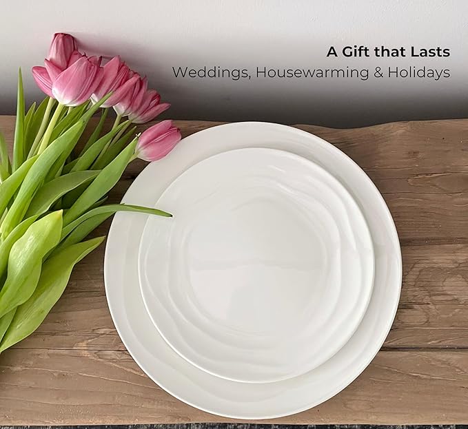 Pots & Patterns Organic Wave Dinnerware Set, 12-Piece Nature-Inspired Porcelain Dinner Plates & Bowls Set for 4, Wide Rimmed Pasta Bowls, Modern White Dishes for Hosting, Dishwasher & Microwave Safe