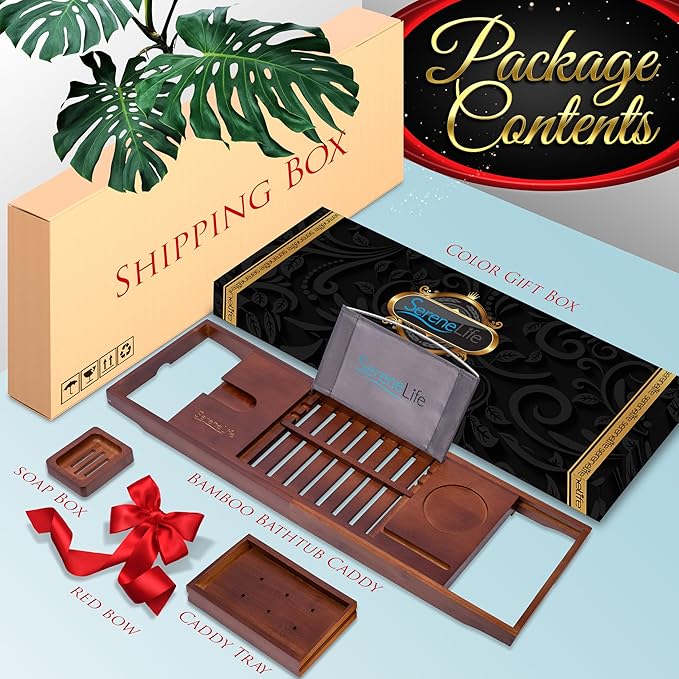 SereneLife Premium Bathtub Tray Caddy with Gift Box and Bow Set, Expandable Bath Tray, Unique House Warming Gifts for Mom, Women, Wedding, Anniversary, Bridal Shower, Fit for All Tub - Stain Brown