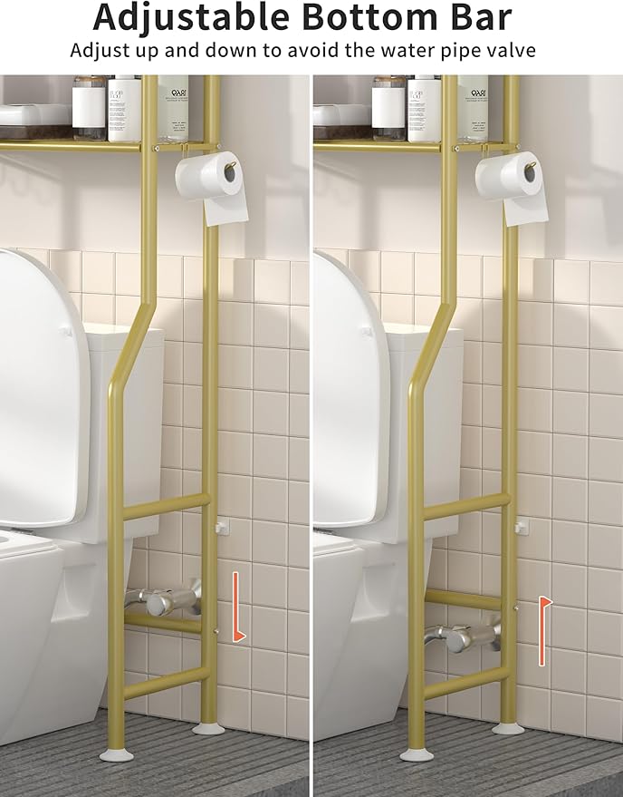 3-Tier Over The Toilet Storage, Freestanding Metal Bathroom Shelves with 4 Hooks, Over Toilet Storage Shelf with Paper Holder, Above The Toilet Shelf for Bathroom Storage, Gold