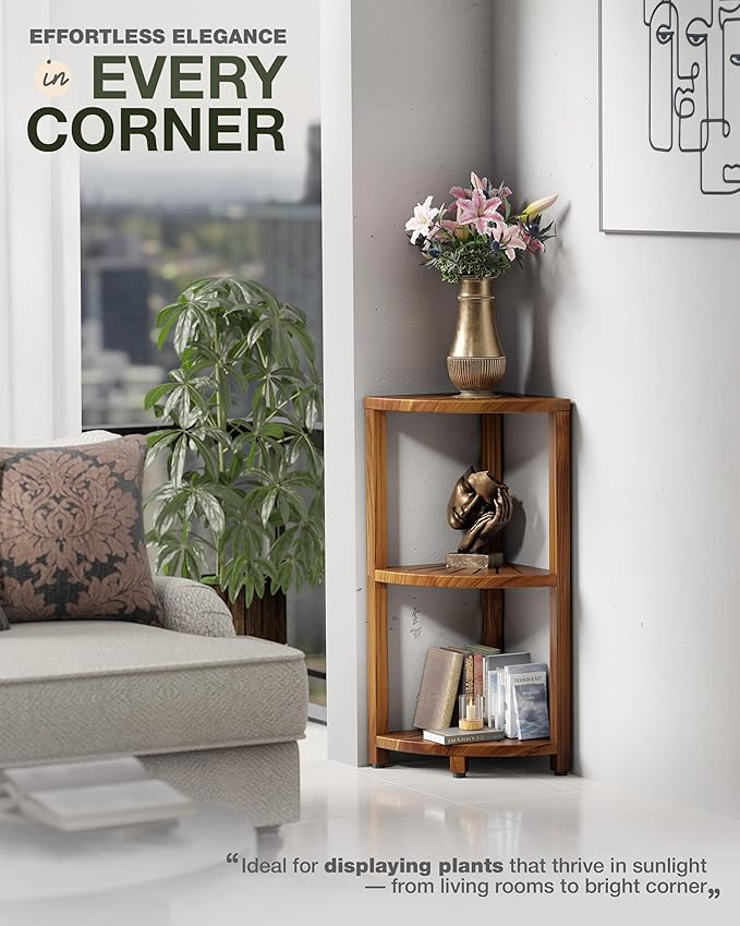 BLUEWEST 3-Tier Corner Shower Caddy Stand, Wood Shower Organizer Standing with Anti-Slip Feet, Waterproof & Durable Bathroom Corner Shelf, Space-Saving Design Storage for Kitchen or Living Room