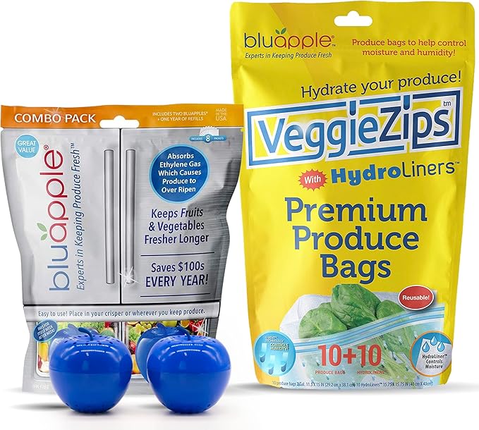 Bluapple Produce Saver Ethylene Gas Absorber - Fresh Fruit & Vegetable Storage with VeggieZips Humidity Control Storage Bag, Kitchen Must Haves, Produce Storage, Minimizes Waste, BPA Free - Value Pack