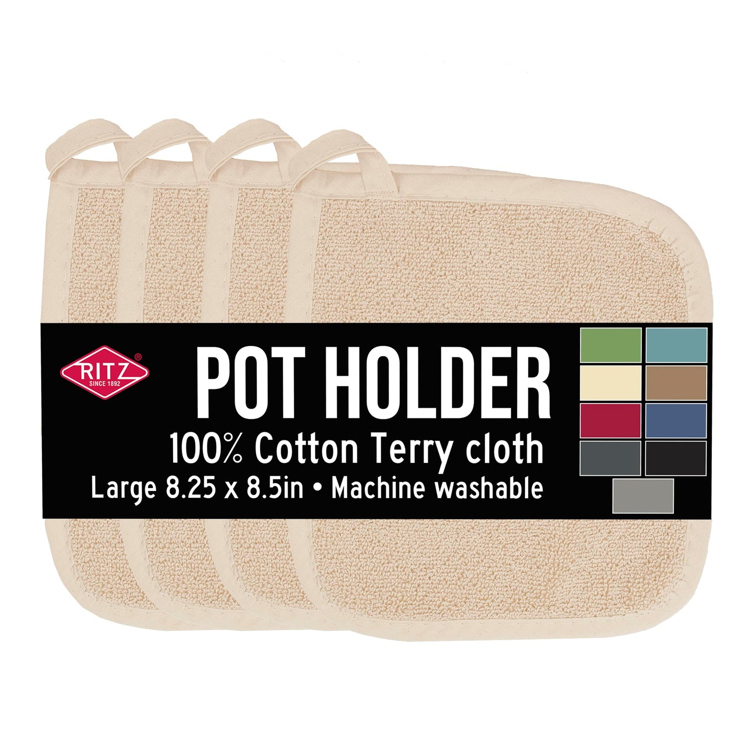 RITZ Terry Potholder & Hot Pad: Unparalleled Heat Resistant, Durable 100% Cotton – Ergonomically Designed for Optimal Grip – Easy-Care Machine Washable – 2-Pack, Latte