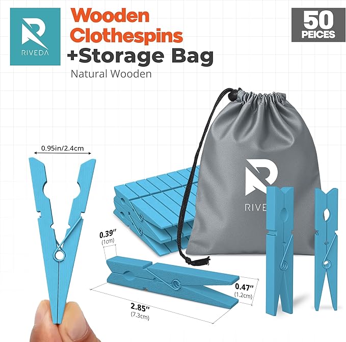 RIVEDA 50pcs Colored Wooden Clothes Pins, 2.9inch, Clothespins for Classroom, Clip Hanging Photos, DIY Clips for Crafts, Decorations (Light Blue)