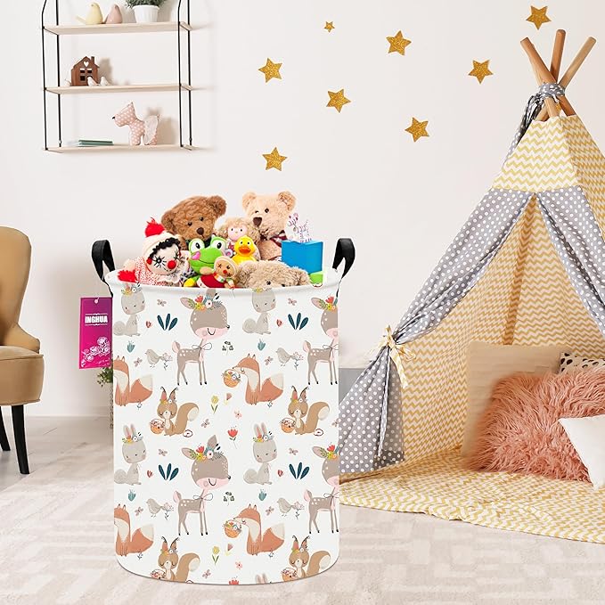 Laundry Hamper Large Canvas Fabric Lightweight Storage Basket/Toy Organizer/Dirty Clothes Collapsible Waterproof for College Dorms, Boys and Girls Bedroom,Bathroom(colorful animals)