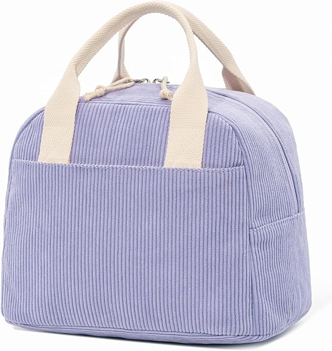 Insulated Purple Haze Lunch Bag for Women, Stylish Corduroy Tote with Aluminum Lining, Large Capacity Reusable Cooler for Work, Travel, or Beach, Beige Cream Water-Resistant Lunch Box