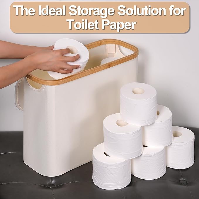 efluky Toilet Paper Basket 28L, Toilet Paper Holder with Lid for Bathroom, Free Standing Storage Organizer Holds Up to 9-12 Rolls (Beige, 1) (Pack of 2)