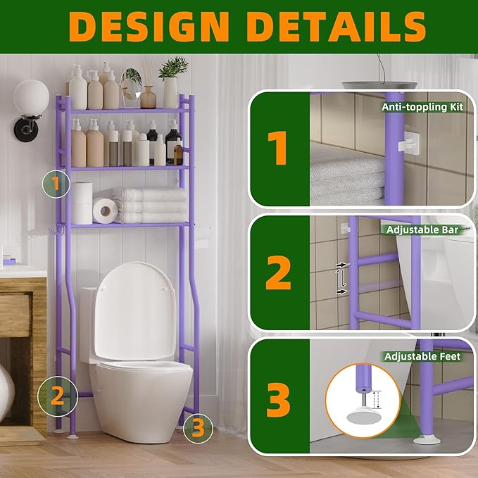 3-Tier Over The Toilet Storage, Space Saver Metal Bathroom Shelves, Freestanding Above Over Toilet Storage Shelf with 4 Hooks for Bathroom, Purple