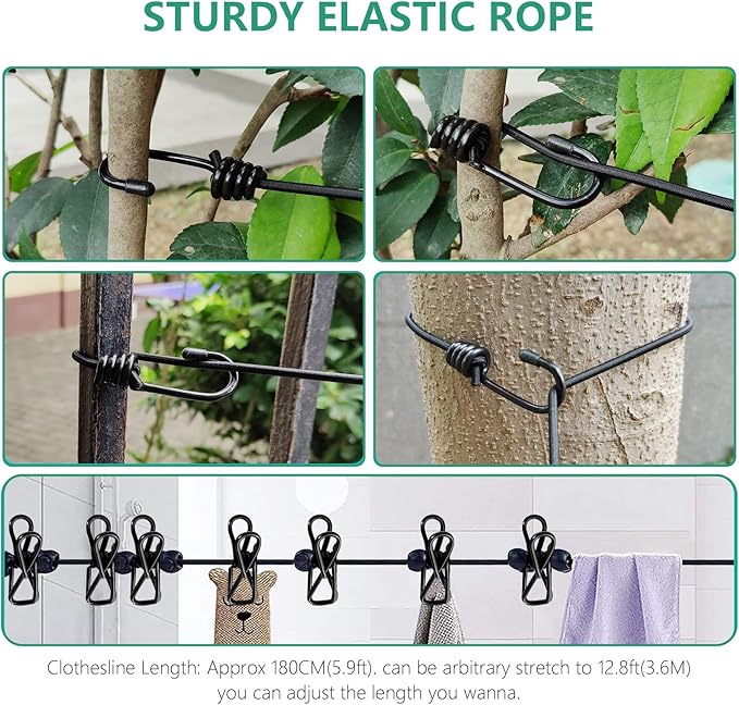 Travel Clothesline,Retractable Clothesline,Travel with Retractable Portable Clothesline (Including 2 Compressible Towels) 12 clothespins, Suitable for Indoor and Outdoor, Outdoor Camping use (Black)