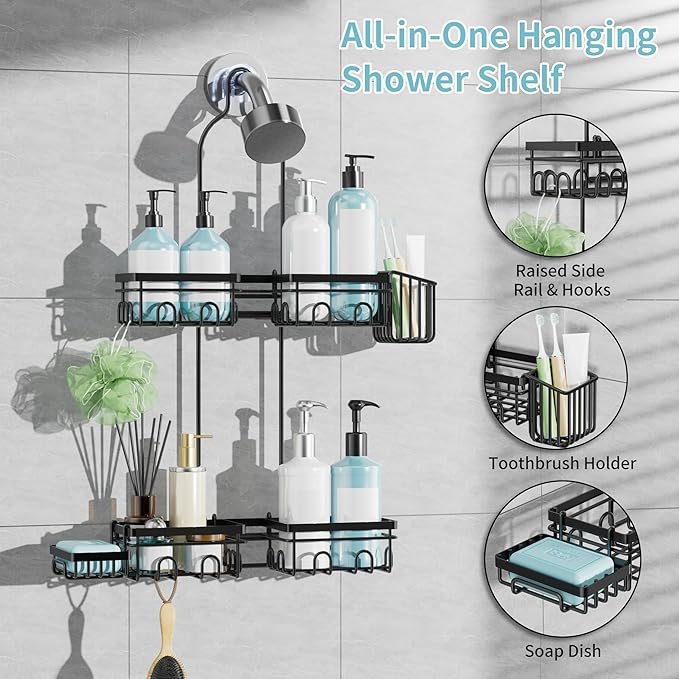KEGII Split Hanging Shower Caddy for Handheld Showerheads, EXTRA Soap Holder & Toothbrush Holder, 24 Hooks Anti-Swing Over Showerhead Organizer, Rustproof Bathroom Shower Rack, Black