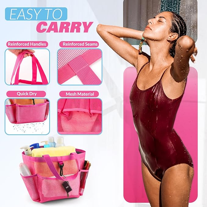 Mesh Shower Caddy Portable for College Dorm Room Essentials with 8 Pockets, Shower Bag for Beach, Swimming, Gym, Travel, Bathroom(All rose pink)