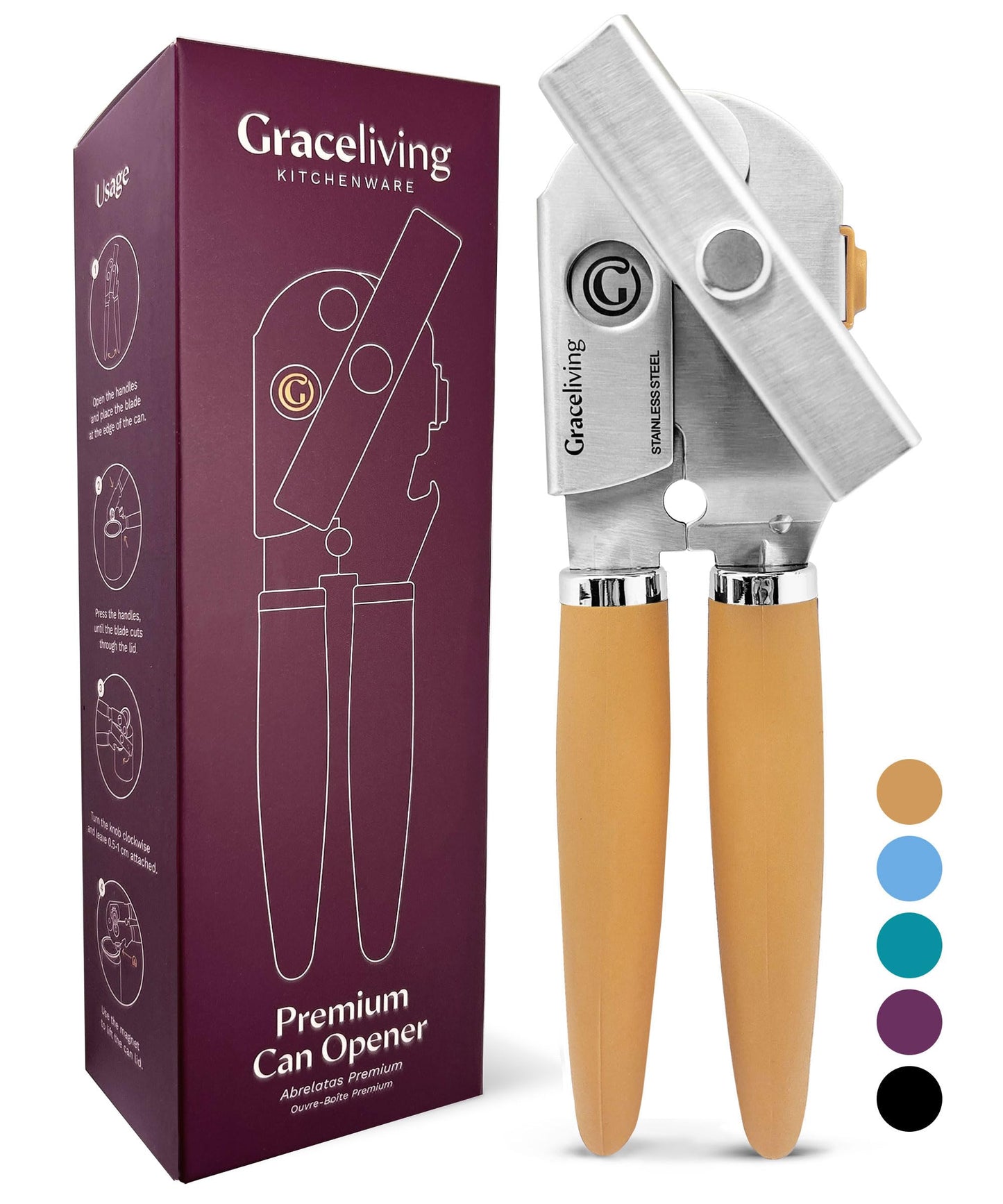 Graceliving Heavy Duty Manual Can Opener with Magnetic Lid Lifter, Orange