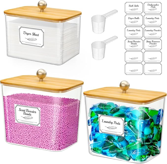 Lifewit Large Laundry Pods Container& Dryer Sheet Holder, Laundry Storage Containers, Laundry Room Organization Storage Jars for Powder, Scent Booster Beads,Bamboo Lid,0.53+0.7 gal,3 Pcs