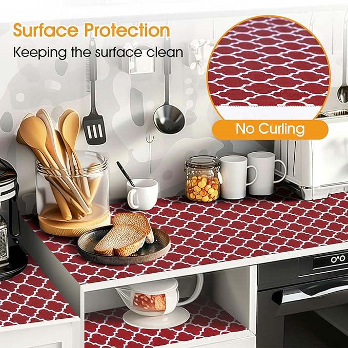 Shelf and Drawer Liner for Kitchen Cabinets Non-Adhesive, Strong Grip Non-Slip Thickened Cabinet Liners for Shelves, Waterproof Mats for Dresser Cupboard, Red/White, 12 in x 10 Feet