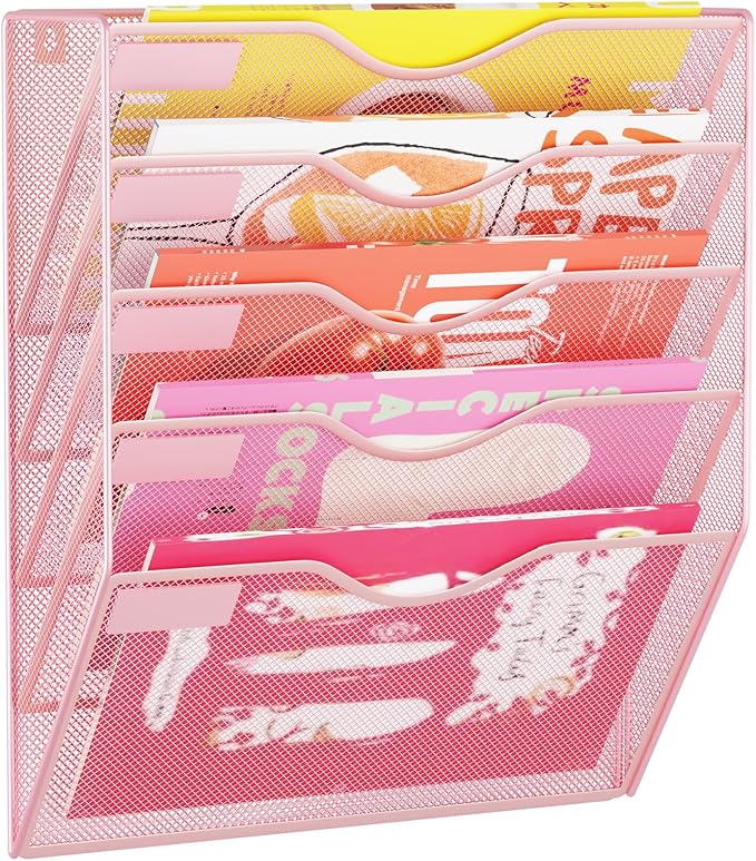 5 Pockets Hanging Wall File Organizer Mail Holder, Wall Mounted Paper Document Folder Holder, Clipboard Storage Organization Magazine Rack, Pink