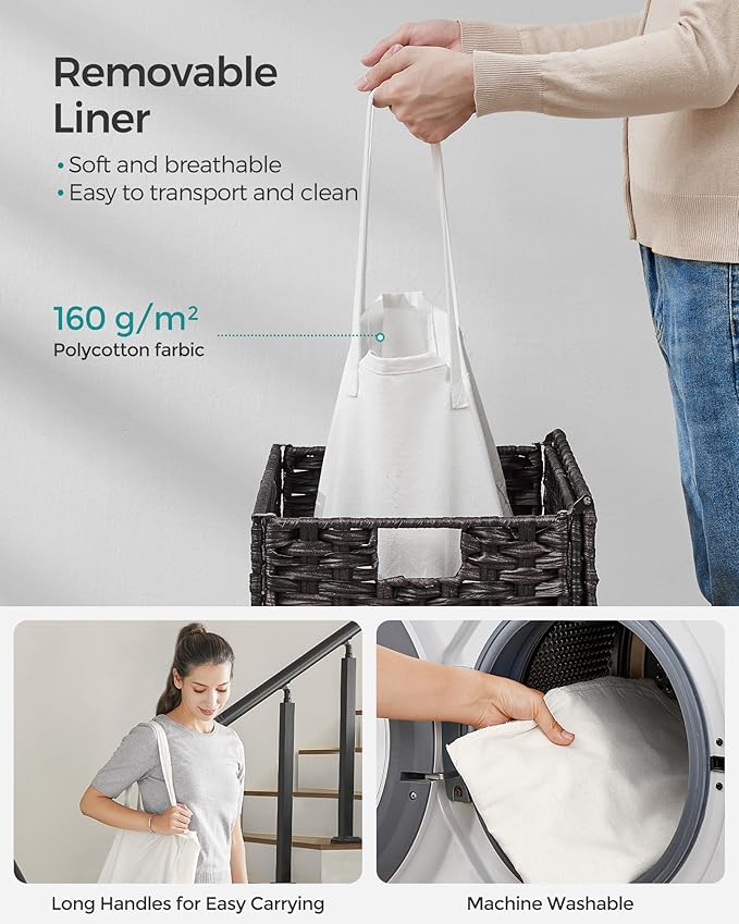 SONGMICS Laundry Hamper with Lid, 23.8 Gallon (90 L) Synthetic Rattan Clothes Laundry Basket with Lid and Handles, Foldable, Removable Liner, Black ULCB51BK