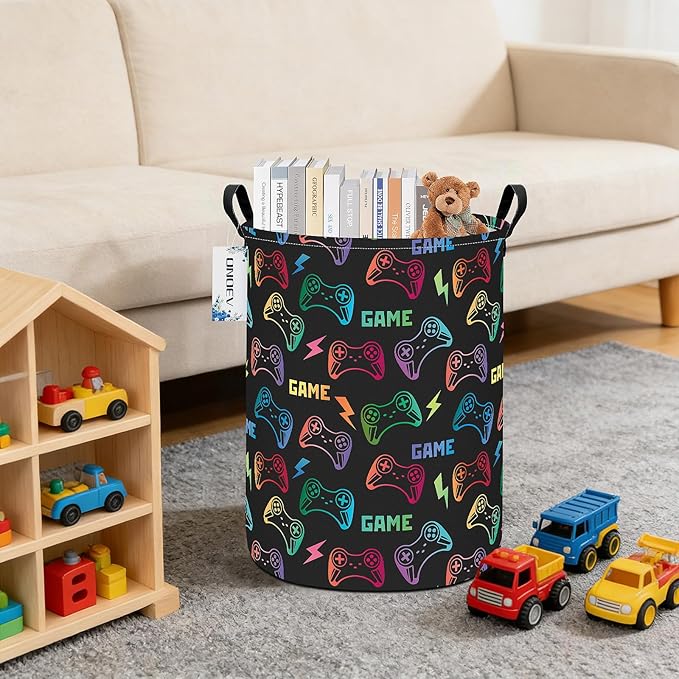 Round Foldable Handle Storage Basket toys Organization Bin Versatile Clothes Container Boys and Girls Gift Hamper (GAME)