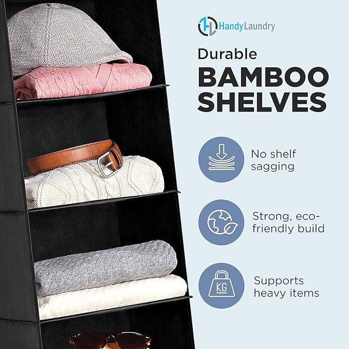 Handy Laundry Hanging Closet Organizer - 6 Shelf Storage for Clothes, Sweaters, Shoes & Accessories - Space-Saving Wardrobe Shelves with Hooks for Dorm, RV & Small Closet Organization (Black)