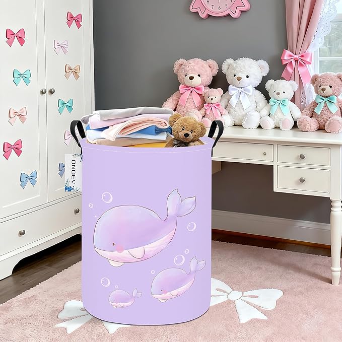 Round Foldable Girls' Storage Basket Kids Laundry Hamper Purple Gift Basket Suitable For Home Decoration and Toy Storage(Purple Whale)